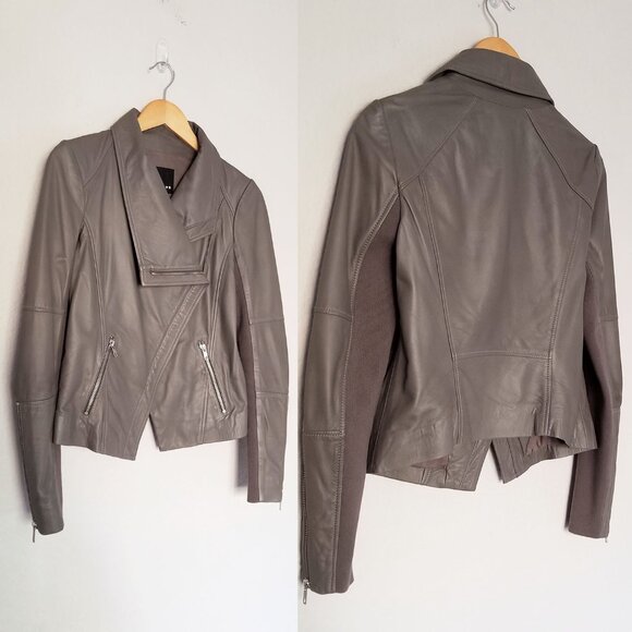 Trouve Asymmetric Drape-Front Soft 100% Genuine Leather Jacket Taupe Gray XS - Picture 5 of 16